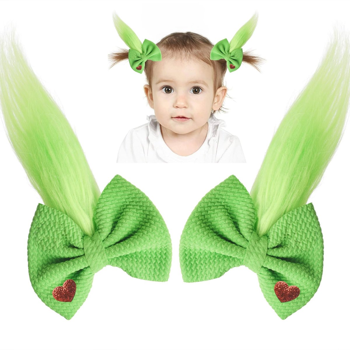 Green Furry Hair Bow Headband Clip - 2 Pack, Christmas Costume Accessories for Girls Women - görsel 1