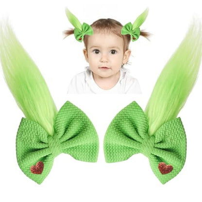 Green Furry Hair Bow Headband Clip - 2 Pack, Christmas Costume Accessories for Girls Women