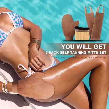 3-in-1 Self Tanning Mitts Set – Applicator Mitt, Tanning Brush & Back Applicator for Flawless Sunless Tan Avelisse