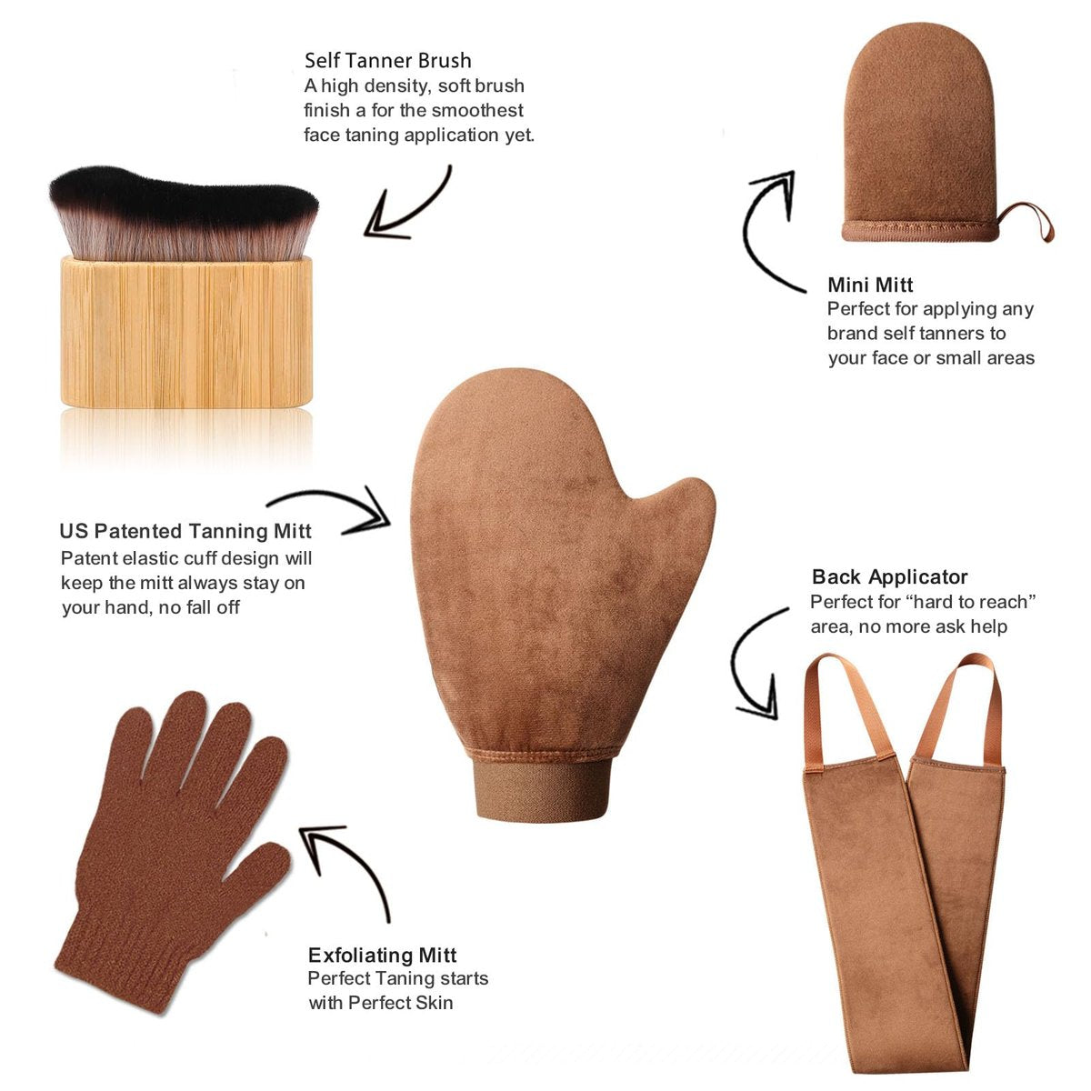 3-in-1 Self Tanning Mitts Set – Applicator Mitt, Tanning Brush & Back Applicator for Flawless Sunless Tan Avelisse