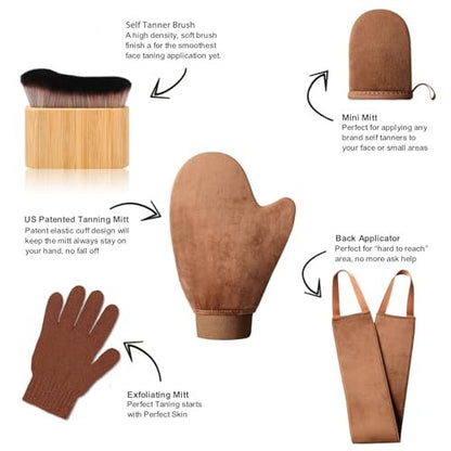 3-in-1 Self Tanning Mitts Set – Applicator Mitt, Tanning Brush & Back Applicator for Flawless Sunless Tan Avelisse