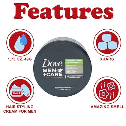 Dove Men+Care Grooming Cream, 3 Pack - Lightweight Hair Styling Cream for Men, Low Hold, Defines & Conditions, Natural Texture, 1.75 oz Each Avelisse