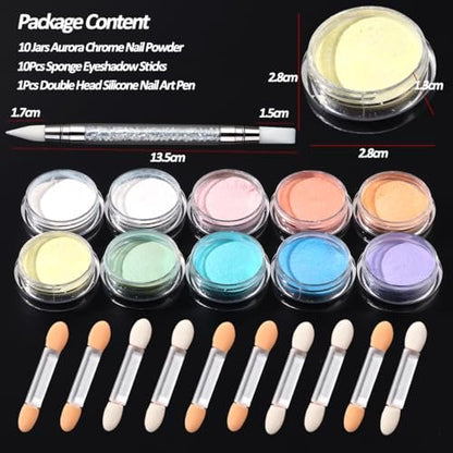 10 Colors Mermaid Pearl Chrome Nail Powder Set - Iridescent Aurora Mirror Effect Pigment for Gel Polish Nail Art
