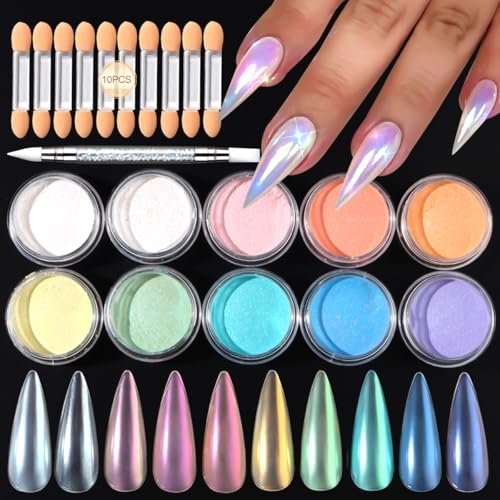 10 Colors Mermaid Pearl Chrome Nail Powder Set - Iridescent Aurora Mirror Effect Pigment for Gel Polish Nail Art - görsel 2