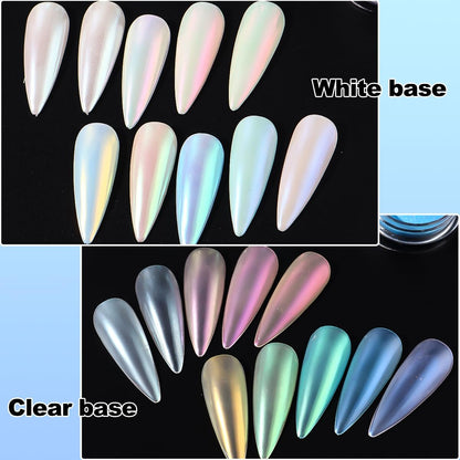 10 Colors Mermaid Pearl Chrome Nail Powder Set - Iridescent Aurora Mirror Effect Pigment for Gel Polish Nail Art