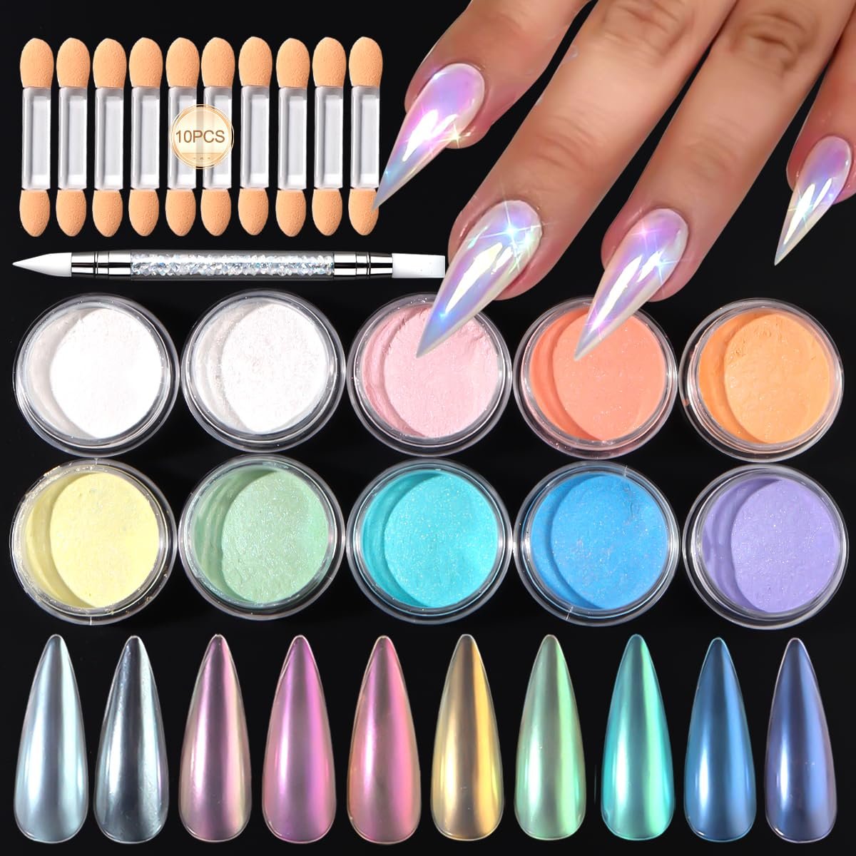 10 Colors Mermaid Pearl Chrome Nail Powder Set - Iridescent Aurora Mirror Effect Pigment for Gel Polish Nail Art - görsel 1