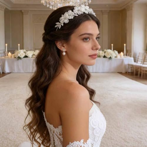 Heogacinlia White Tulle Flower Headband with Rhinestones and Crystal Pearls - Elegant Hair Accessory for Women and Girls - görsel 12