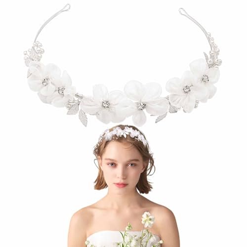 Heogacinlia White Tulle Flower Headband with Rhinestones and Crystal Pearls - Elegant Hair Accessory for Women and Girls - görsel 2