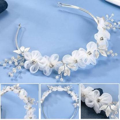 Heogacinlia White Tulle Flower Headband with Rhinestones and Crystal Pearls - Elegant Hair Accessory for Women and Girls