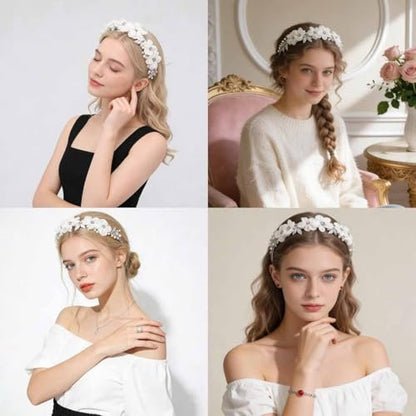 Heogacinlia White Tulle Flower Headband with Rhinestones and Crystal Pearls - Elegant Hair Accessory for Women and Girls