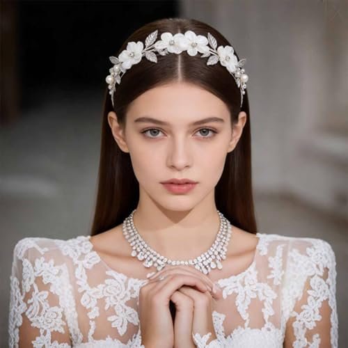 Heogacinlia White Tulle Flower Headband with Rhinestones and Crystal Pearls - Elegant Hair Accessory for Women and Girls - görsel 8