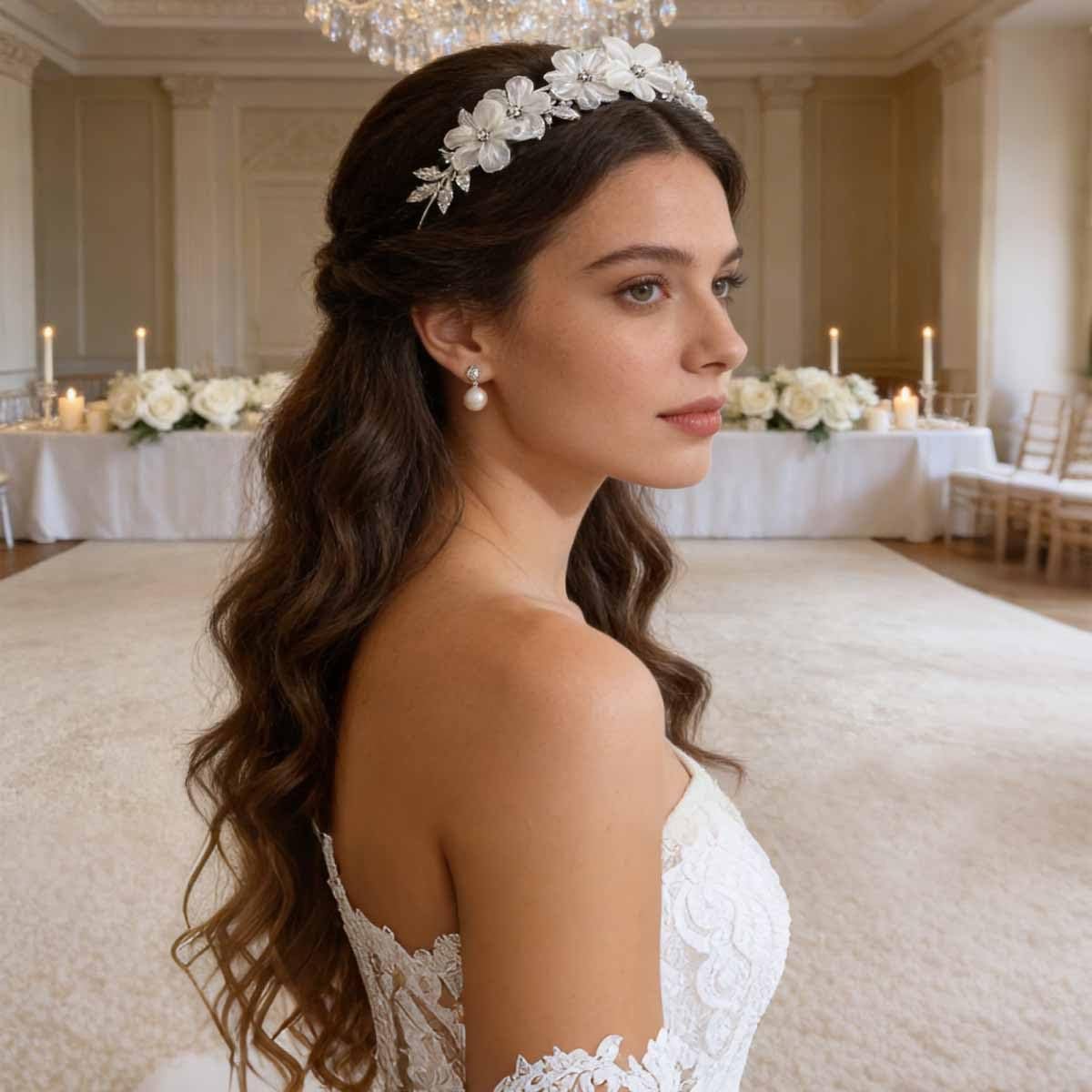Heogacinlia White Tulle Flower Headband with Rhinestones and Crystal Pearls - Elegant Hair Accessory for Women and Girls - görsel 11