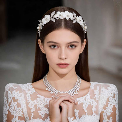 Heogacinlia White Tulle Flower Headband with Rhinestones and Crystal Pearls - Elegant Hair Accessory for Women and Girls