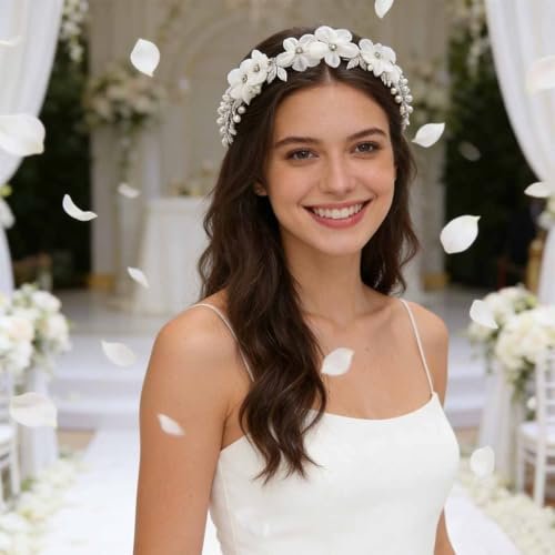 Heogacinlia White Tulle Flower Headband with Rhinestones and Crystal Pearls - Elegant Hair Accessory for Women and Girls - görsel 10