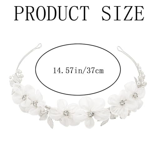 Heogacinlia White Tulle Flower Headband with Rhinestones and Crystal Pearls - Elegant Hair Accessory for Women and Girls - görsel 4