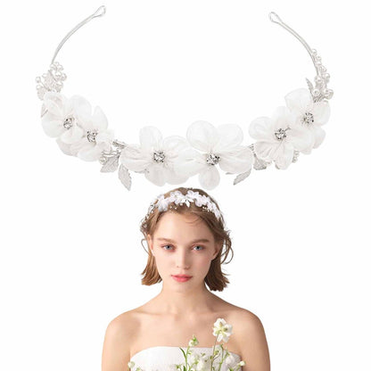 Heogacinlia White Tulle Flower Headband with Rhinestones and Crystal Pearls - Elegant Hair Accessory for Women and Girls