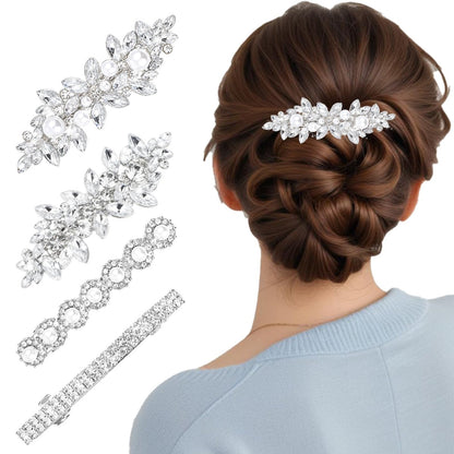 Nogeqi 4PCS Sparkly Rhinestone Hair Clips for Women - Silver Flower Crystal Hair Clips, Metal Alloy Rhinestone Barrettes for Wedding, Party, Everyday