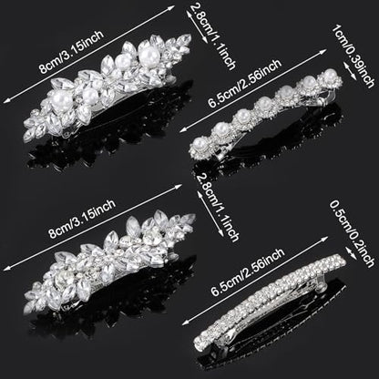Nogeqi 4PCS Sparkly Rhinestone Hair Clips for Women - Silver Flower Crystal Hair Clips, Metal Alloy Rhinestone Barrettes for Wedding, Party, Everyday