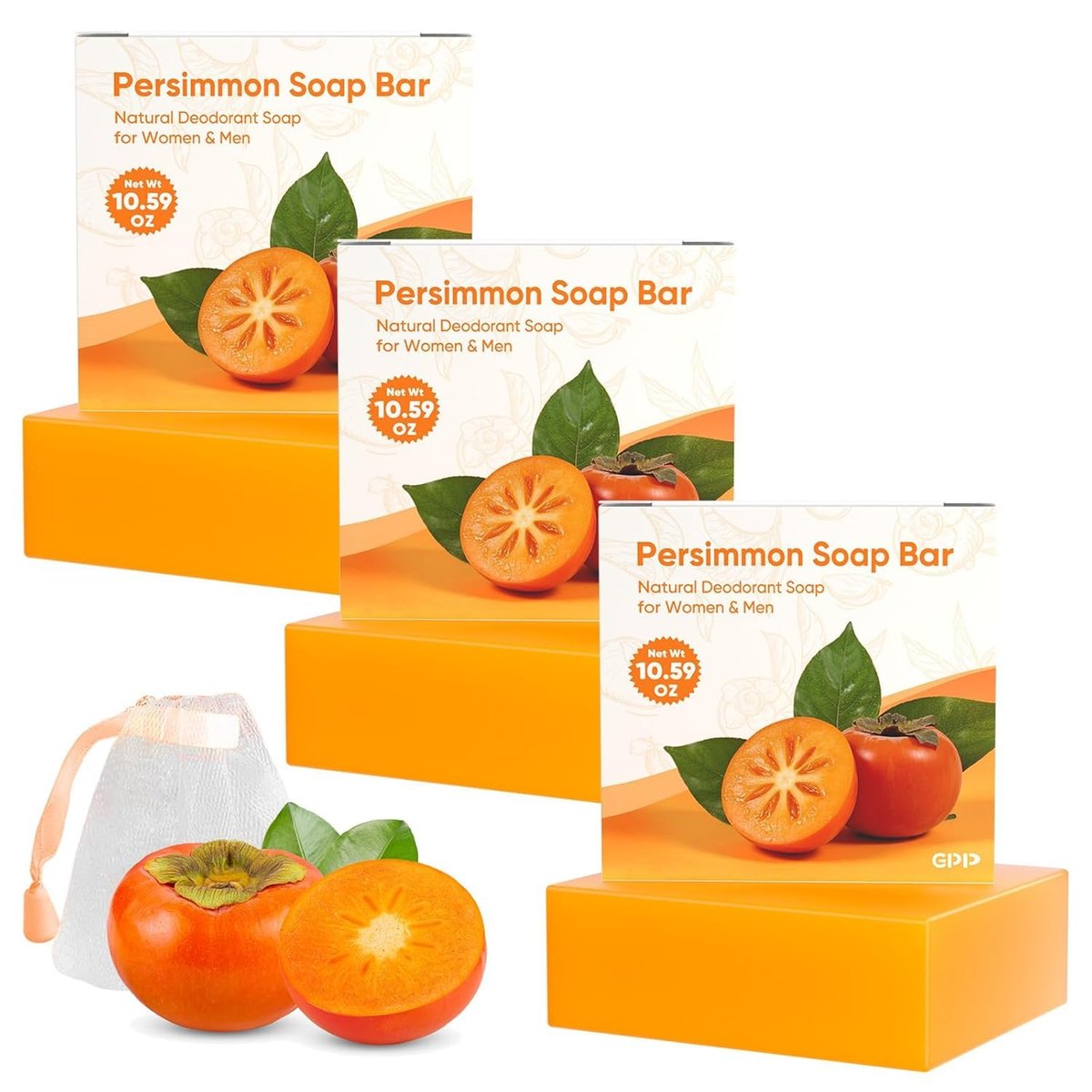 GPP Persimmon Soap Bar for Body Odor Control – 3 Pack Natural Deodorizing Soap for Women & Men, Eliminates Old People Smell, 3.53 oz Each - görsel 1