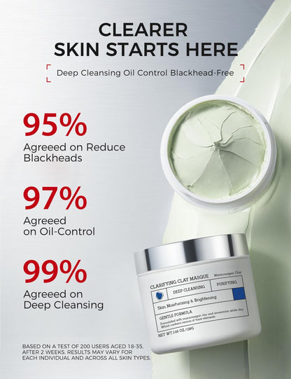 NING DERMOLOGIE Clay Mask for Face & Sensitive Skin - Triple Mud Formula, Deep Cleans Pores, Reduces Acne, Balances Oil & Improves Texture - 3.88 Oz