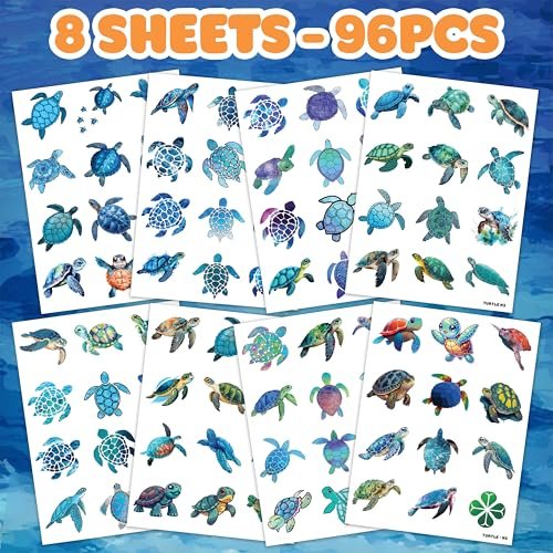 Sea Turtle Temporary Tattoos 8 Sheets 96PCS Ocean Party Decorations Supplies Favors Under Sea Theme Birthday Cute Stickers Gifts for Boys Girls Class School Prizes Carnival Avelisse