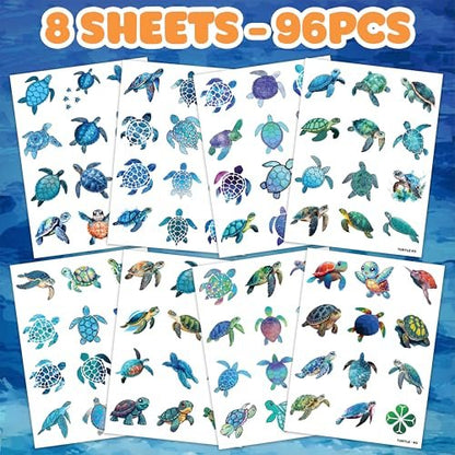 Sea Turtle Temporary Tattoos 8 Sheets 96PCS Ocean Party Decorations Supplies Favors Under Sea Theme Birthday Cute Stickers Gifts for Boys Girls Class School Prizes Carnival Avelisse