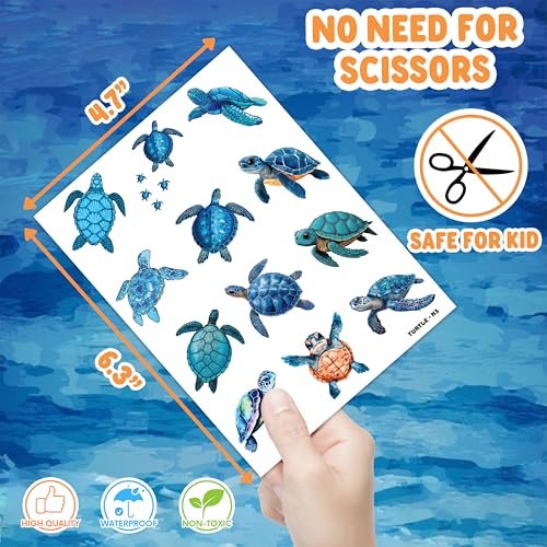 Sea Turtle Temporary Tattoos 8 Sheets 96PCS Ocean Party Decorations Supplies Favors Under Sea Theme Birthday Cute Stickers Gifts for Boys Girls Class School Prizes Carnival Avelisse