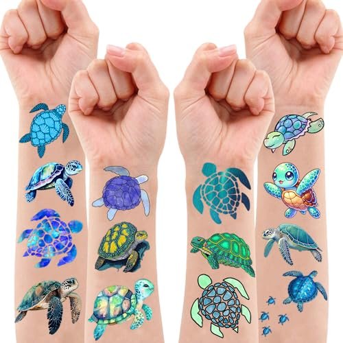 Sea Turtle Temporary Tattoos 8 Sheets 96PCS Ocean Party Decorations Supplies Favors Under Sea Theme Birthday Cute Stickers Gifts for Boys Girls Class School Prizes Carnival Avelisse