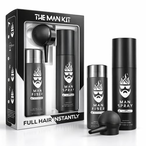 Hair Thickening Fibers (Black) + Fiber Locking Spray & Applicator Pump – Natural Fuller Hair & Beard Set by THE MAN KIT Avelisse