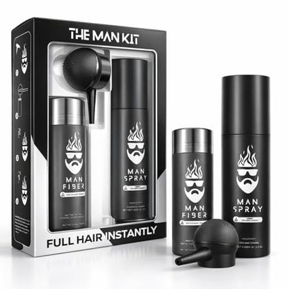 Hair Thickening Fibers (Black) + Fiber Locking Spray & Applicator Pump – Natural Fuller Hair & Beard Set by THE MAN KIT Avelisse