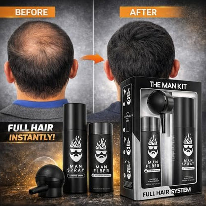 Hair Thickening Fibers (Black) + Fiber Locking Spray & Applicator Pump – Natural Fuller Hair & Beard Set by THE MAN KIT Avelisse