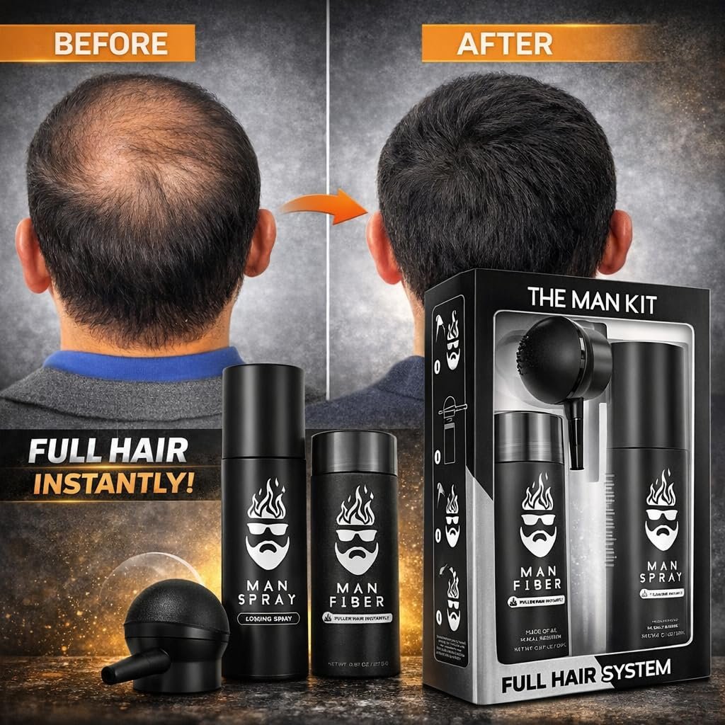 Hair Thickening Fibers (Black) + Fiber Locking Spray & Applicator Pump – Natural Fuller Hair & Beard Set by THE MAN KIT Avelisse