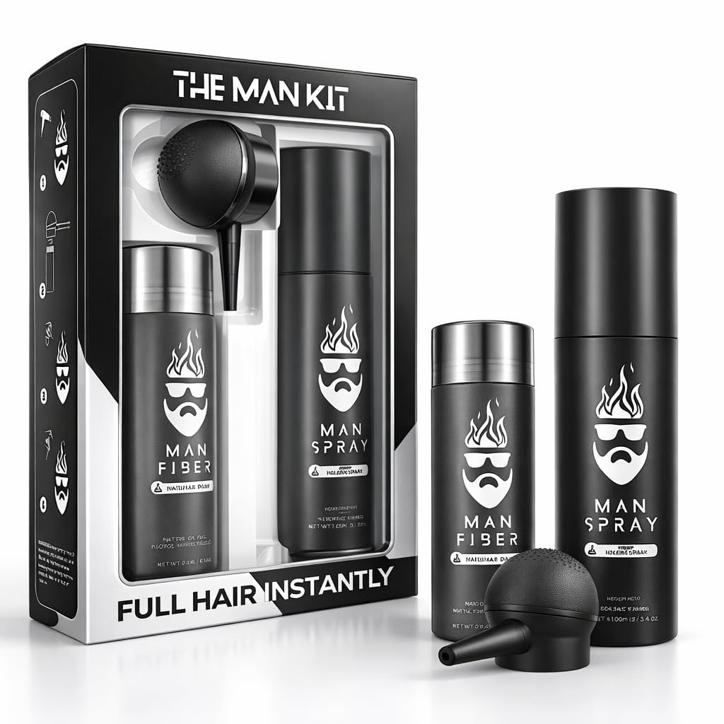 Hair Thickening Fibers (Black) + Fiber Locking Spray & Applicator Pump – Natural Fuller Hair & Beard Set by THE MAN KIT Avelisse