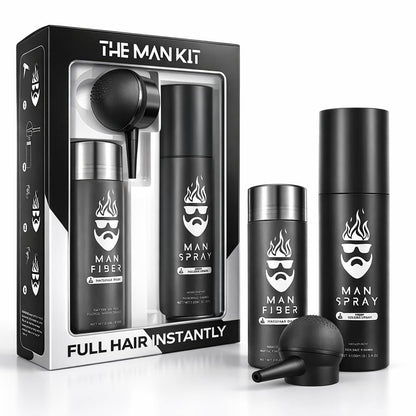 Hair Thickening Fibers (Black) + Fiber Locking Spray & Applicator Pump – Natural Fuller Hair & Beard Set by THE MAN KIT Avelisse