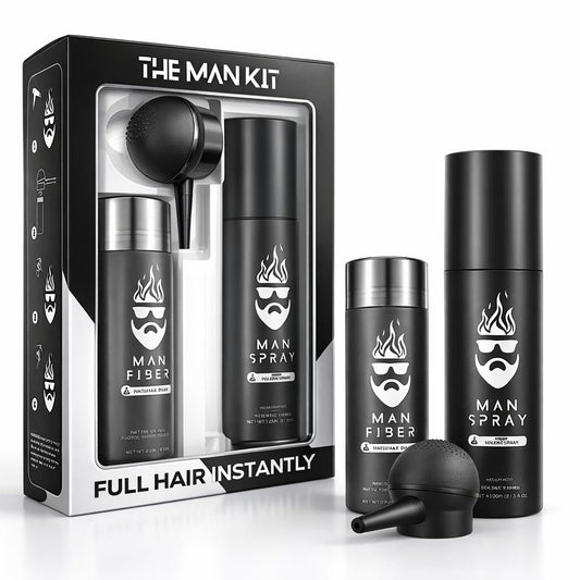 Hair Thickening Fibers (Black) + Fiber Locking Spray & Applicator Pump – Natural Fuller Hair & Beard Set by THE MAN KIT Avelisse