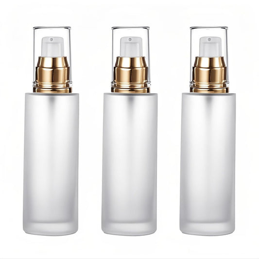 Doromy 3Pcs Frosted Glass Lotion Pump Bottles – Refillable Travel Containers 60ml/2oz with Pump Dispensers for Cream, Emulsion, Essential Oils