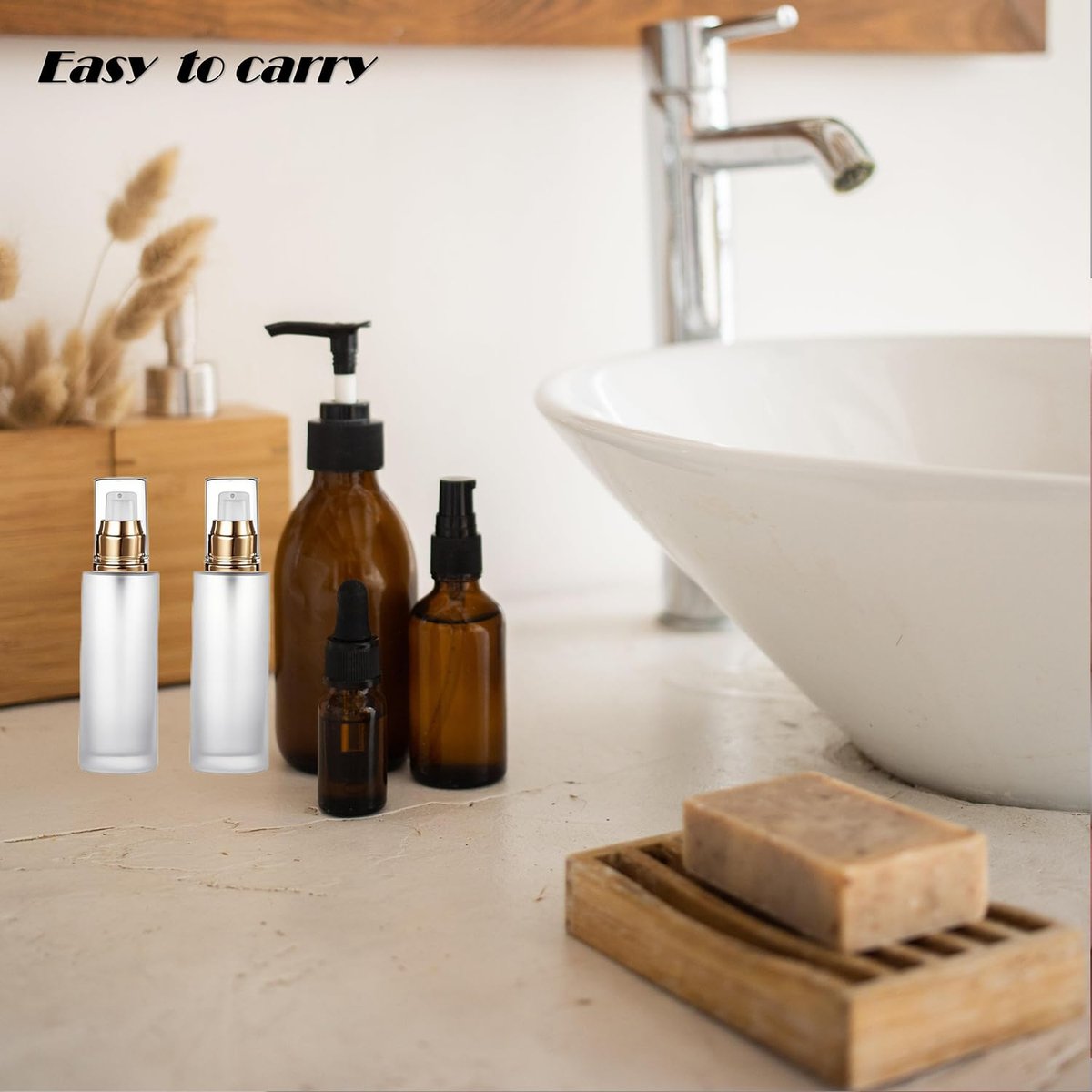 Doromy 3Pcs Frosted Glass Lotion Pump Bottles – Refillable Travel Containers 60ml/2oz with Pump Dispensers for Cream, Emulsion, Essential Oils - görsel 11