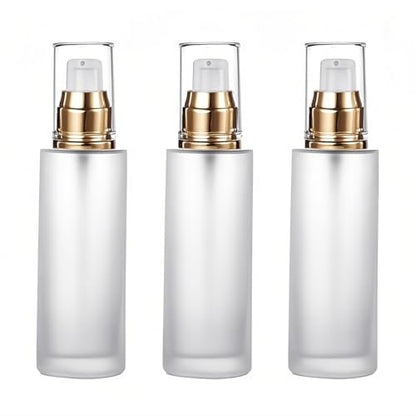 Doromy 3Pcs Frosted Glass Lotion Pump Bottles – Refillable Travel Containers 60ml/2oz with Pump Dispensers for Cream, Emulsion, Essential Oils