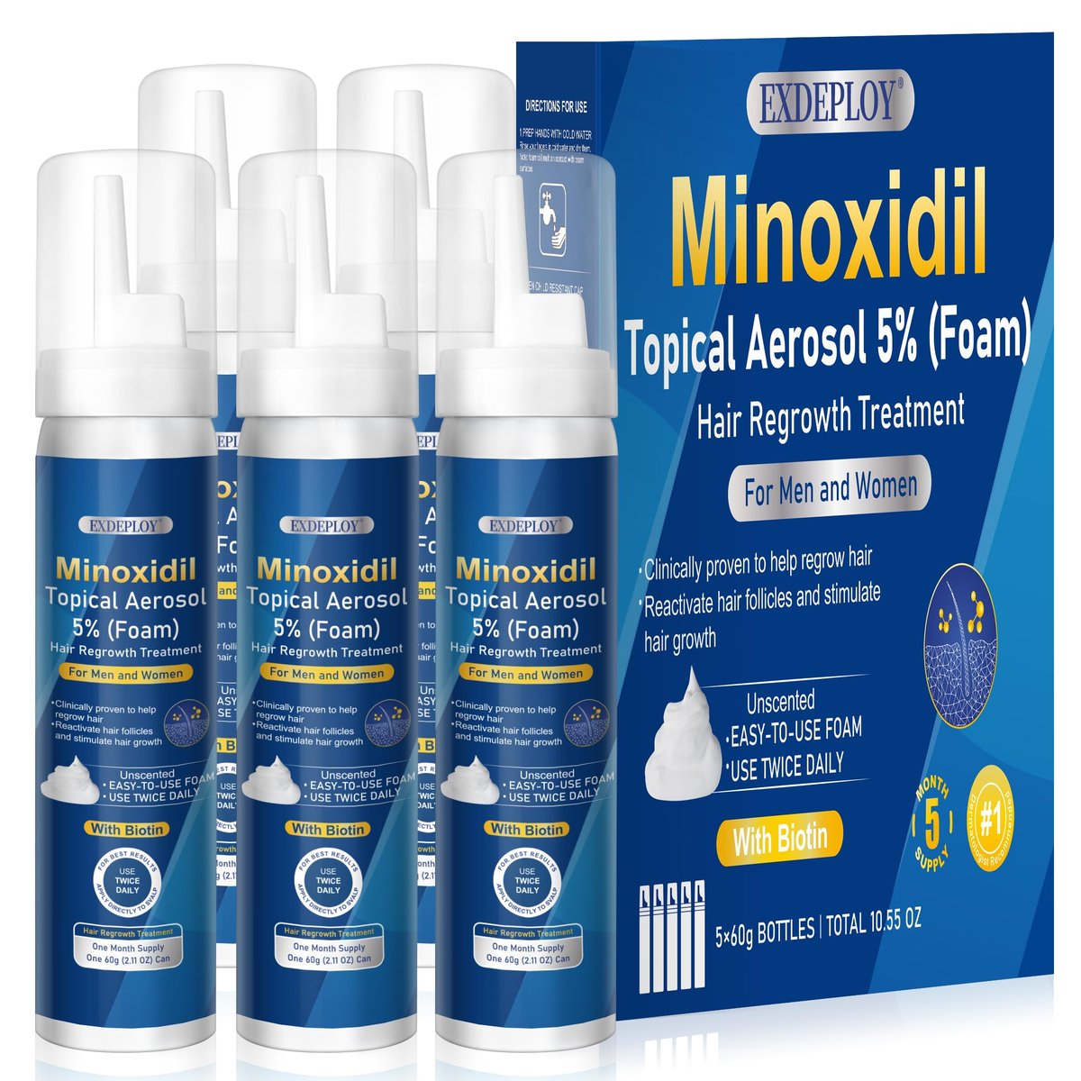5% Minoxidil Foam for Men with Biotin - 5 Pack, Hair Growth Treatment for Thicker, Fuller Hair & Beard (10.5 oz, 5 Month Supply) Avelisse