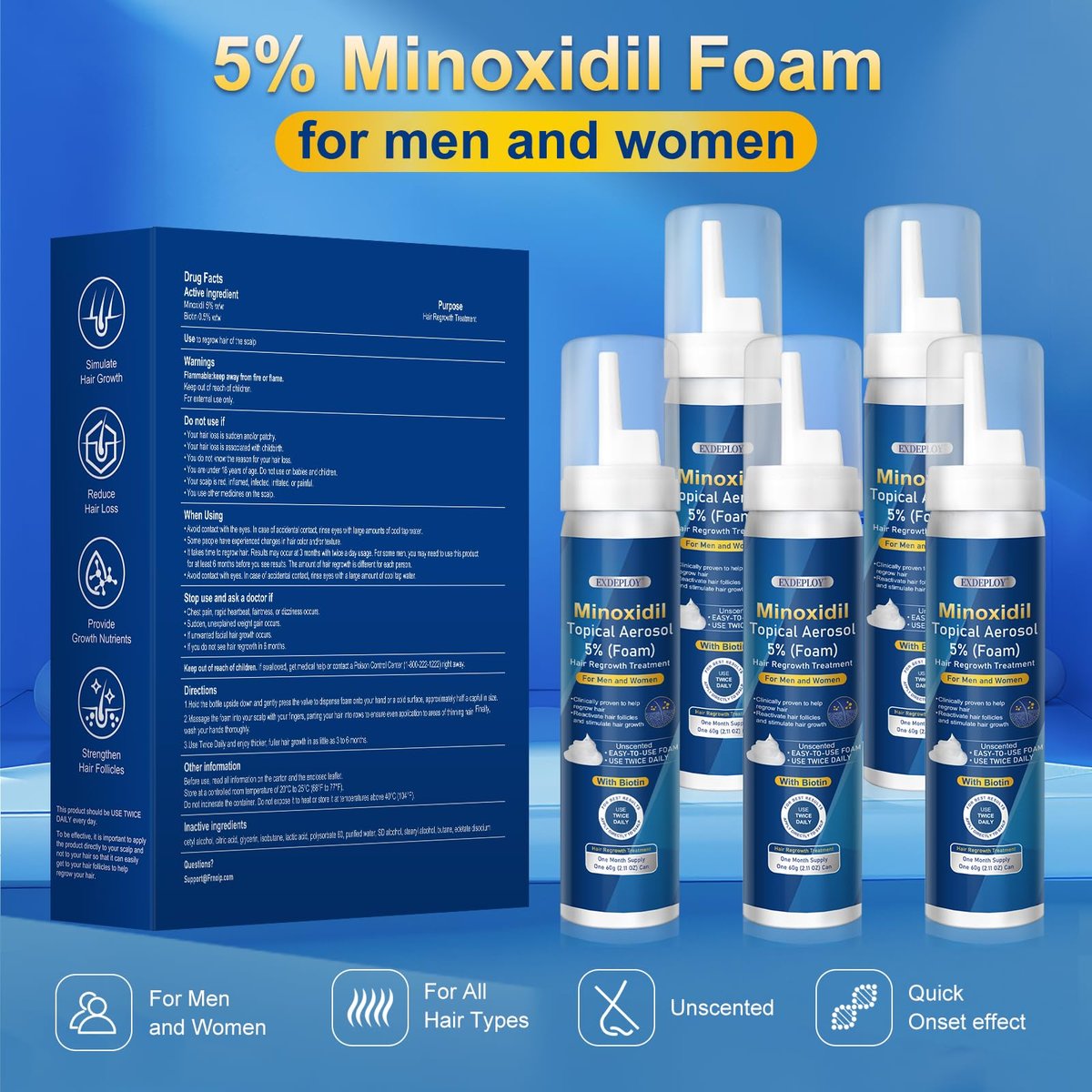 5% Minoxidil Foam for Men with Biotin - 5 Pack, Hair Growth Treatment for Thicker, Fuller Hair & Beard (10.5 oz, 5 Month Supply) Avelisse