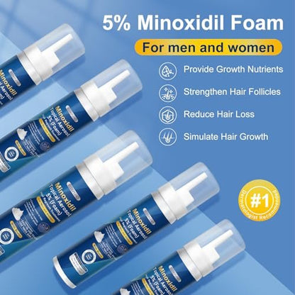 5% Minoxidil Foam for Men with Biotin - 5 Pack, Hair Growth Treatment for Thicker, Fuller Hair & Beard (10.5 oz, 5 Month Supply) Avelisse