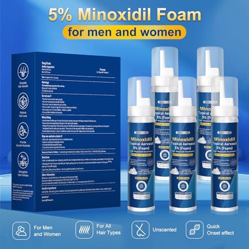 5% Minoxidil Foam for Men with Biotin - 5 Pack, Hair Growth Treatment for Thicker, Fuller Hair & Beard (10.5 oz, 5 Month Supply) Avelisse