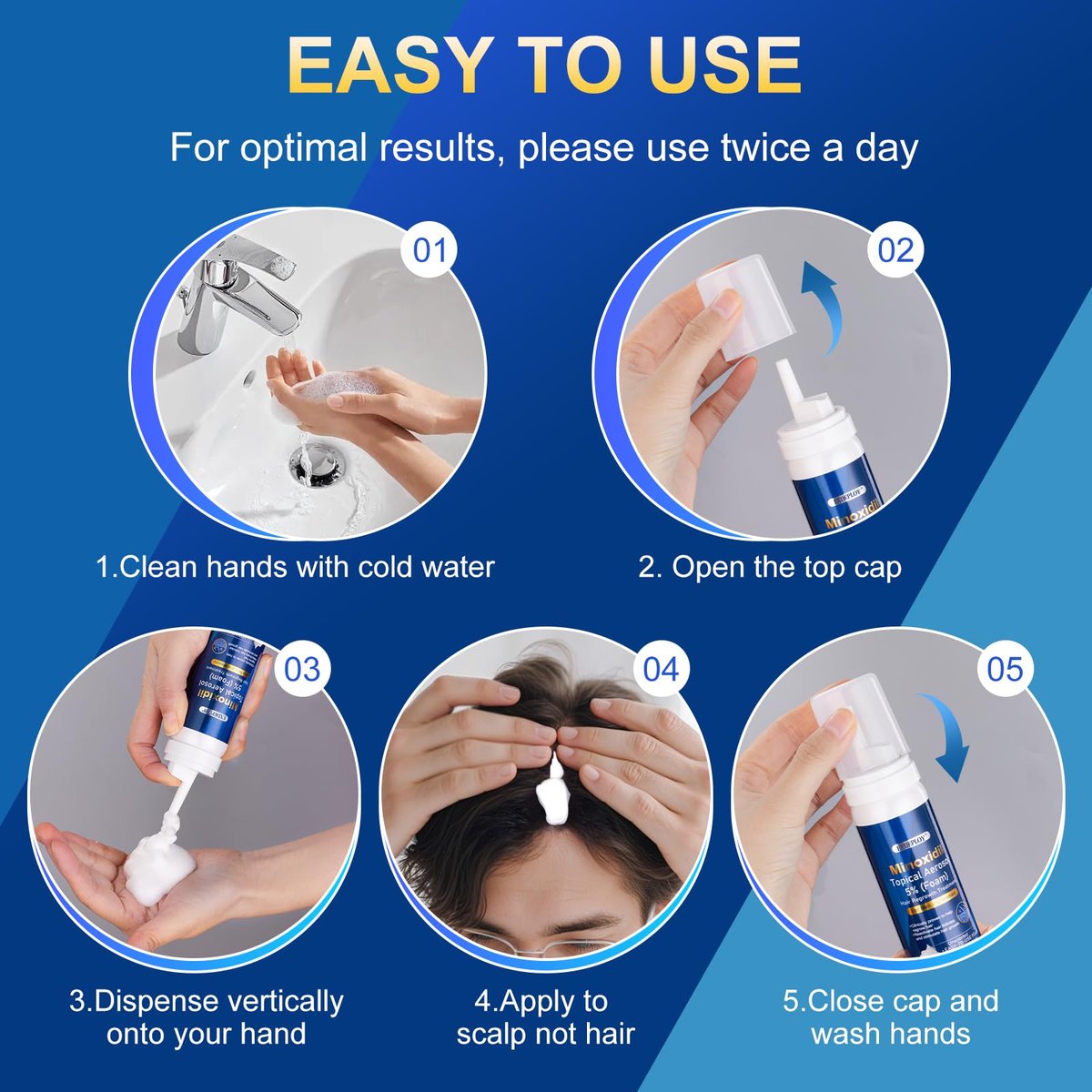 5% Minoxidil Foam for Men with Biotin - 5 Pack, Hair Growth Treatment for Thicker, Fuller Hair & Beard (10.5 oz, 5 Month Supply) Avelisse