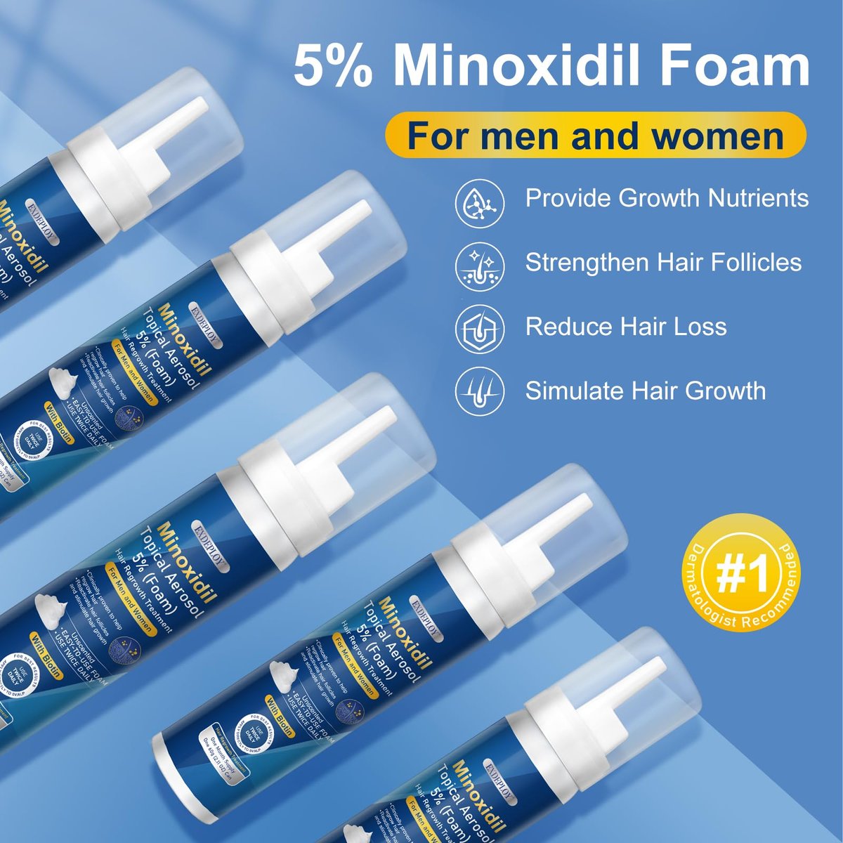 5% Minoxidil Foam for Men with Biotin - 5 Pack, Hair Growth Treatment for Thicker, Fuller Hair & Beard (10.5 oz, 5 Month Supply) Avelisse