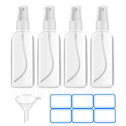DTDNZKN 4 Pack 2 Oz (50ml) Mini Spray Bottles – Clear Travel Size Spray Bottles, Leak Proof with Funnels and Labels