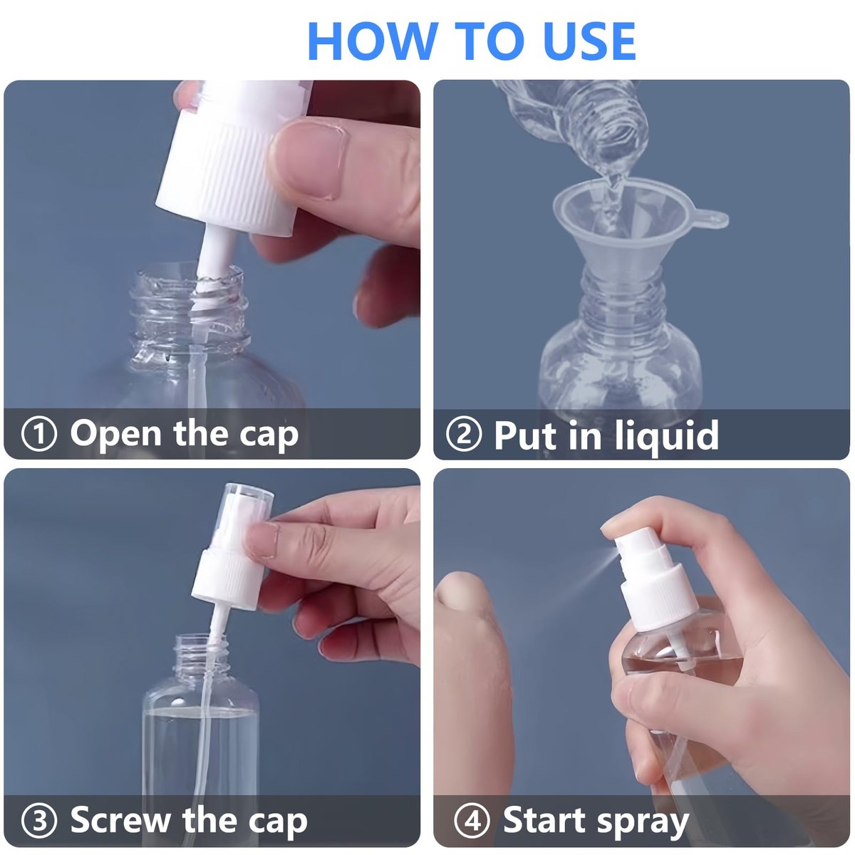 DTDNZKN 4 Pack 2 Oz (50ml) Mini Spray Bottles – Clear Travel Size Spray Bottles, Leak Proof with Funnels and Labels - görsel 7