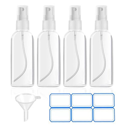 DTDNZKN 4 Pack 2 Oz (50ml) Mini Spray Bottles – Clear Travel Size Spray Bottles, Leak Proof with Funnels and Labels