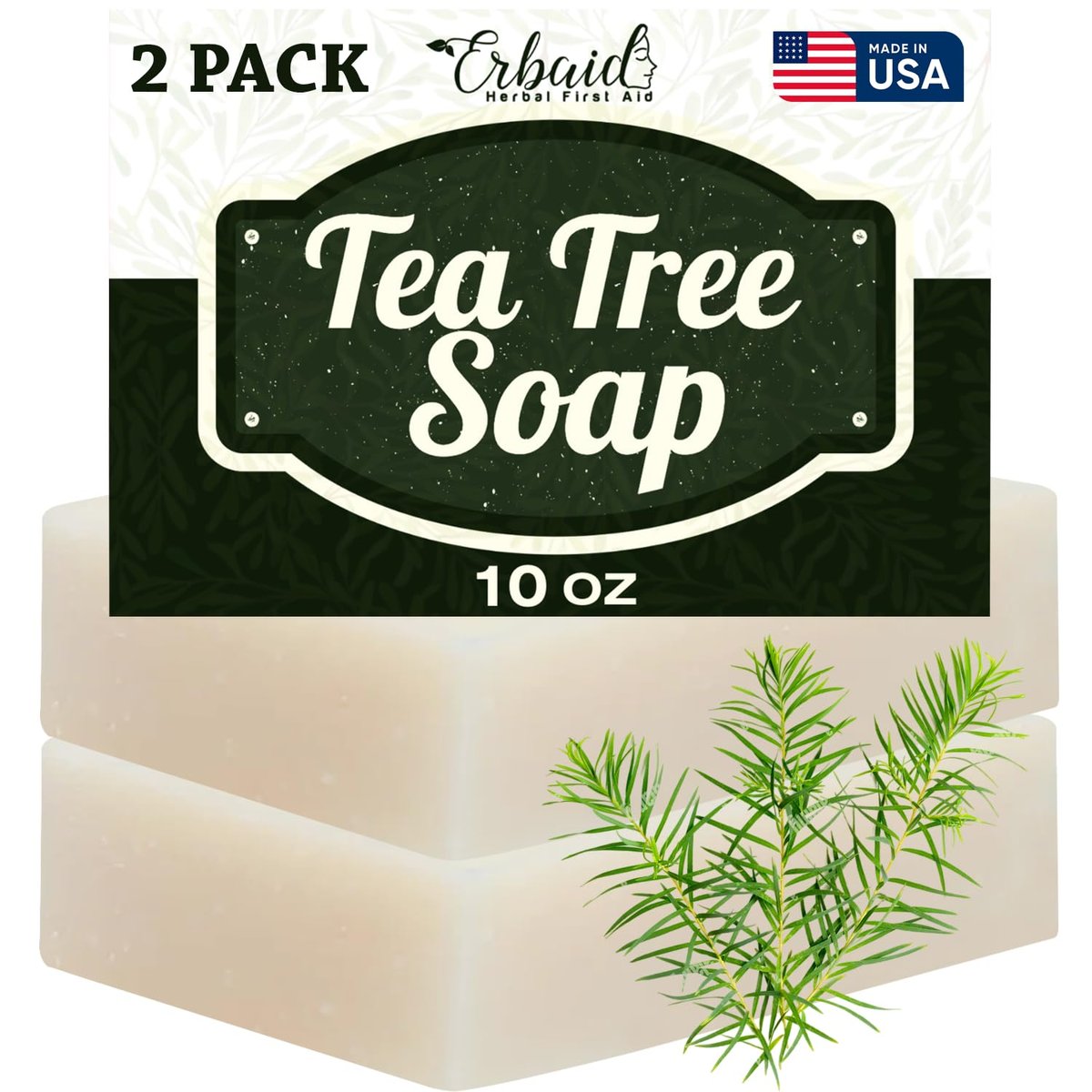 Erbaid Tea Tree Soap Bar – Natural Defense for Face & Body, 5 oz (Pack of 2) – Fights Acne, Soothes Irritation, Deeply Cleansing Hydrating Cleanser - görsel 1