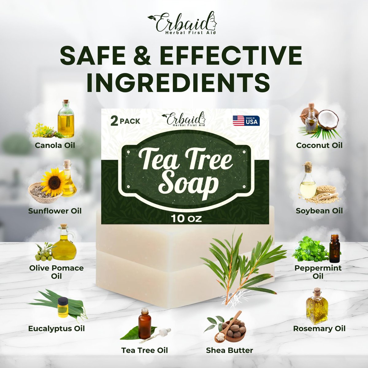 Erbaid Tea Tree Soap Bar – Natural Defense for Face & Body, 5 oz (Pack of 2) – Fights Acne, Soothes Irritation, Deeply Cleansing Hydrating Cleanser - görsel 9
