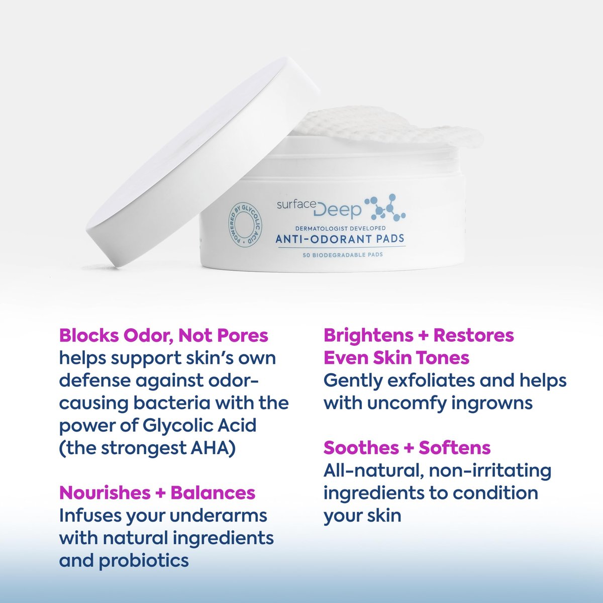 Surface Deep Anti-Odorant Pads – Aluminum-Free Deodorant & Glycolic Acid Exfoliation, 50 Pads Avelisse